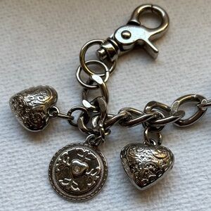 Vintage Kathy Van Zeeland Keychain With Dangling Puffed Hearts, Silvertone.